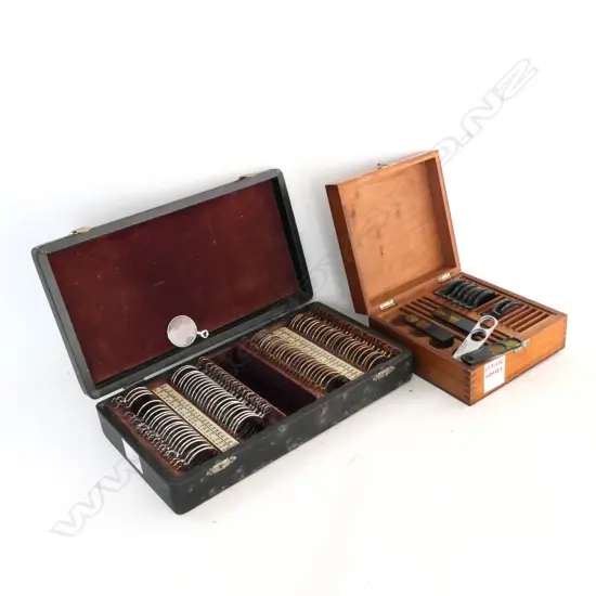 2  BOXES OF OPTICAL LENSES (WITHOUT HOLDER), WOODEN CASED